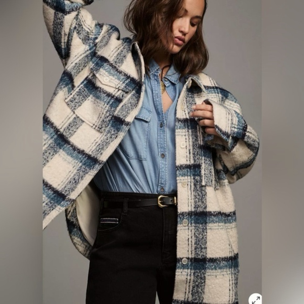 NWT Good American Plaid Sherpa jacket in indigo cream womens size small/medium